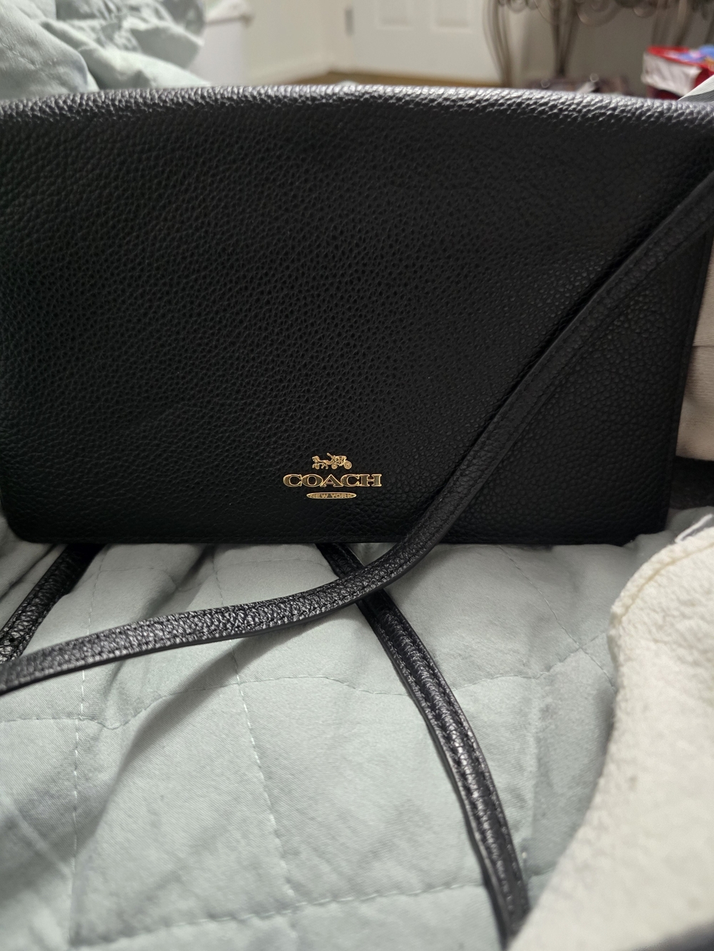 Coach Pebble Leather Black Crossbody Bag with Gold Logo
